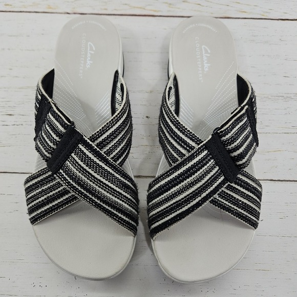 Clarks‎ Cloudsteppers Arla Wave Womens 9.5 Black Tan Combi Woven Slide Sandals - Picture 3 of 11